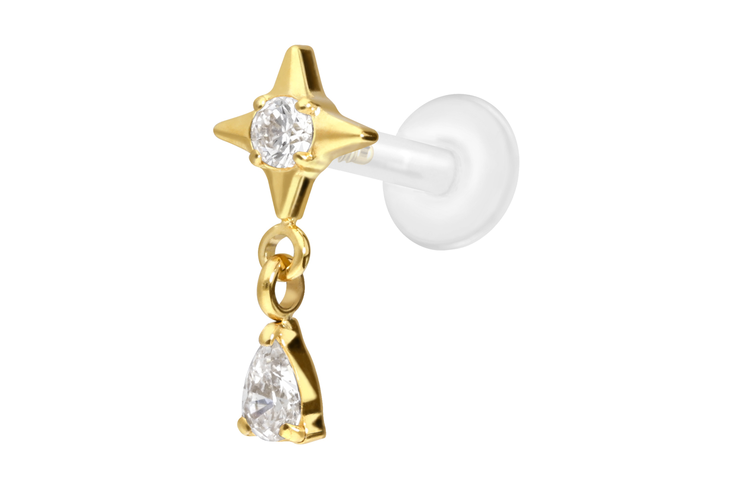 PTFE Labret mit Innengewinde + Titan-Aufsatz STERN + KRISTALLTROPFEN | GO = Goldfarben | 1,2 | 7 | IXP5132_[281446]